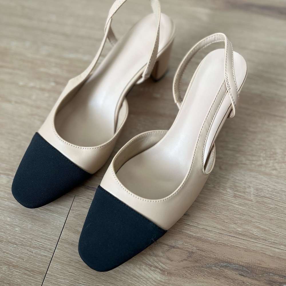 Amazon Essentials Beige and Black Slingback Block Heel Pumps
